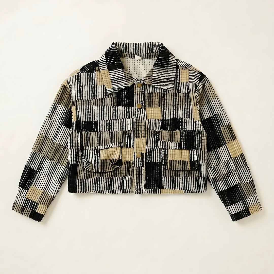 Black & Beige Patchwork Block Print Jacket - View 3