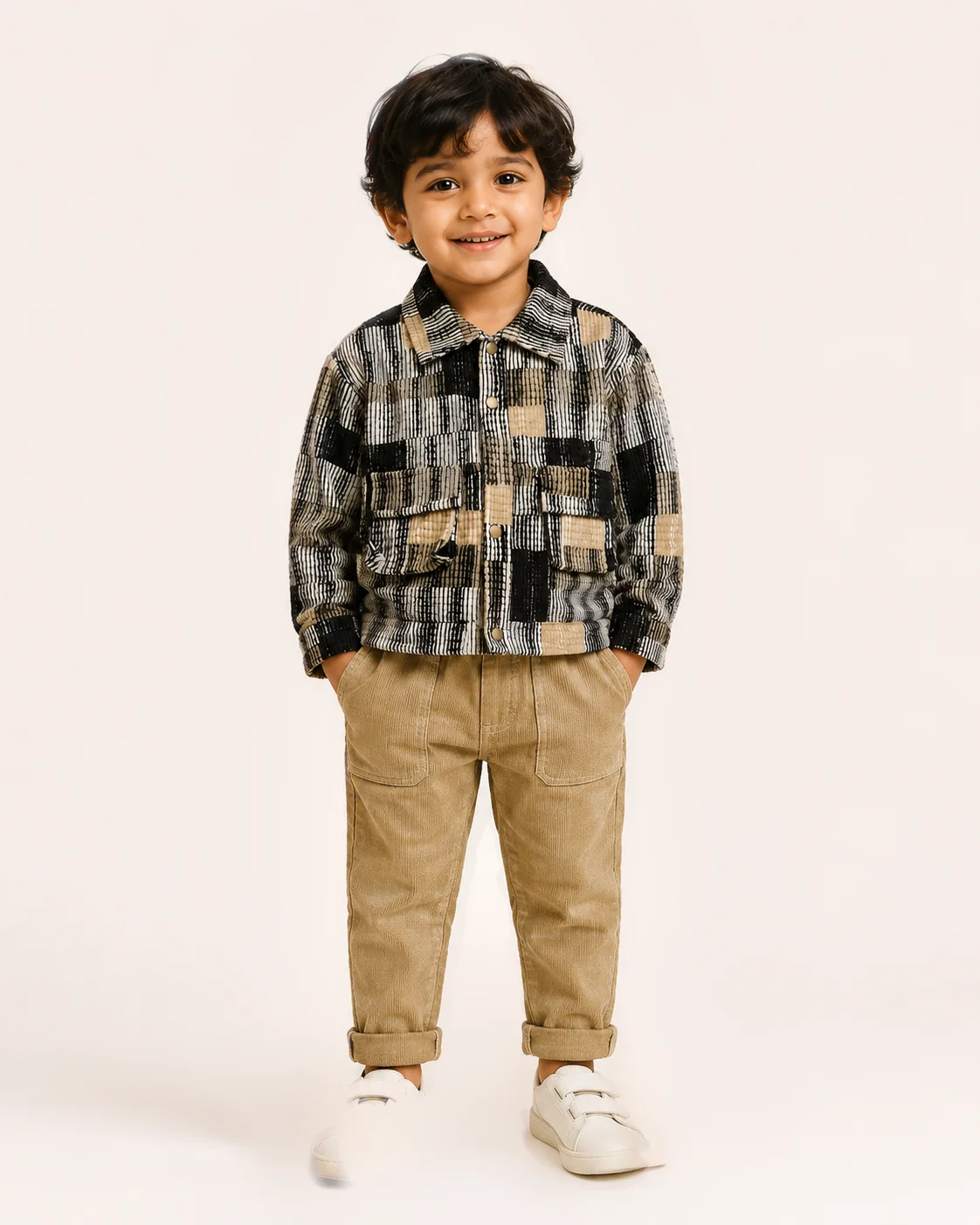 Black & Beige Patchwork Block Print Jacket - View 2